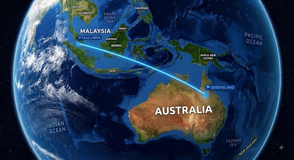 A globe showing the route between Kuala Lumpur, Malaysia and Queensland, Australia.